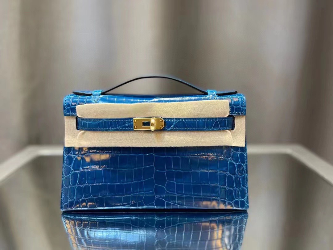 에르메스 켈리 포쉐트 블루 금장 샤이니 악어가죽